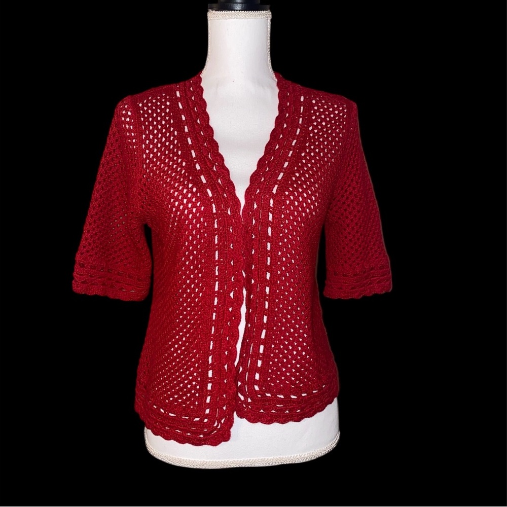 CB 1962 Red Knit Cardigan Sweater Scalloped Size Small Boho